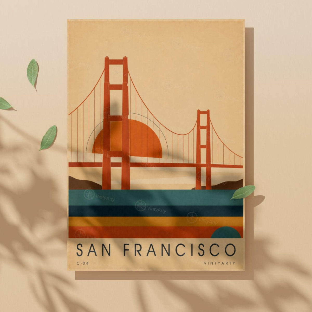 Affiche San Francisco, le pont rouge au soleil couchant, illustration mid-century, art mural voyage