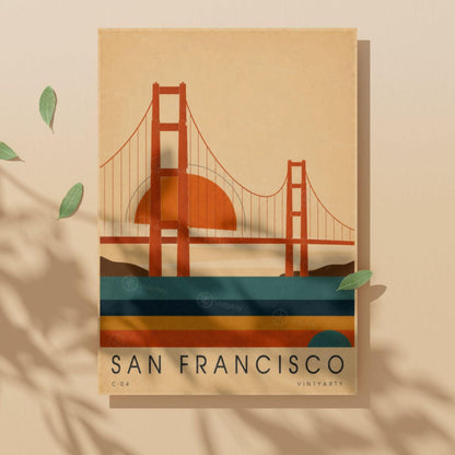 Affiche San Francisco, le pont rouge au soleil couchant, illustration mid-century, art mural voyage
