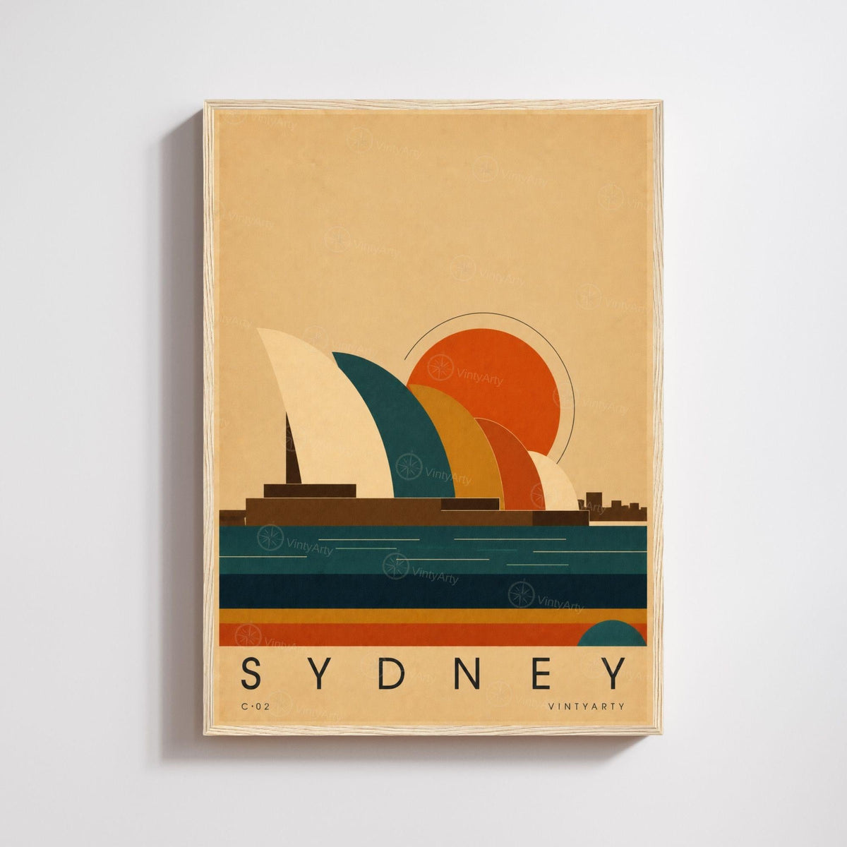 Affiche Sydney, les voiles du port au soleil couchant, illustration mid-century, art mural voyage