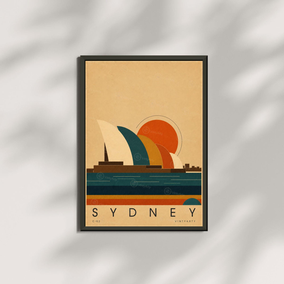 Affiche Sydney, les voiles du port au soleil couchant, illustration mid-century, art mural voyage