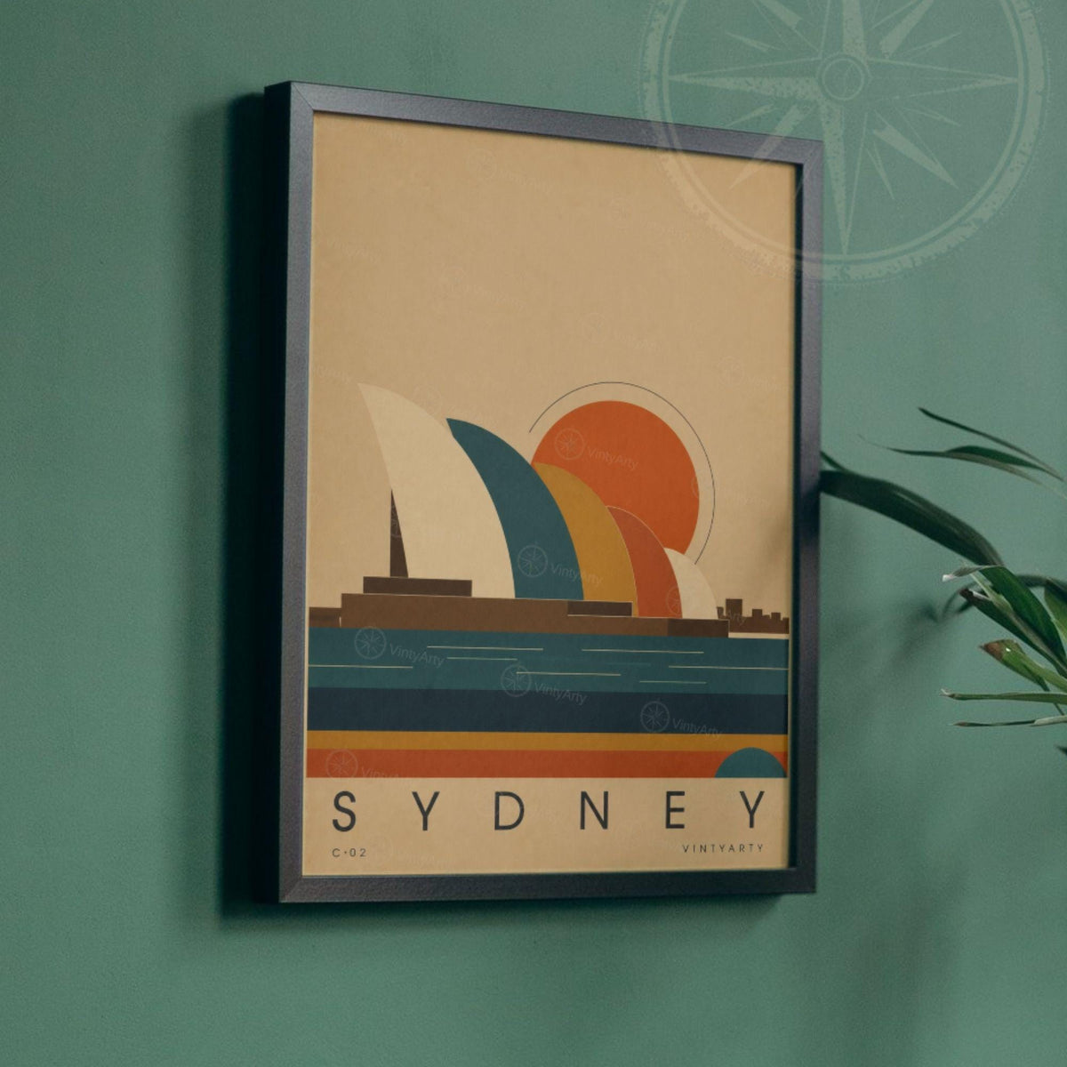 Affiche Sydney, les voiles du port au soleil couchant, illustration mid-century, art mural voyage