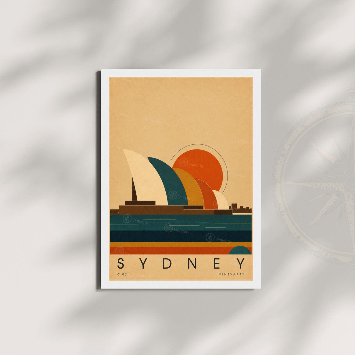 Affiche Sydney, les voiles du port au soleil couchant, illustration mid-century, art mural voyage