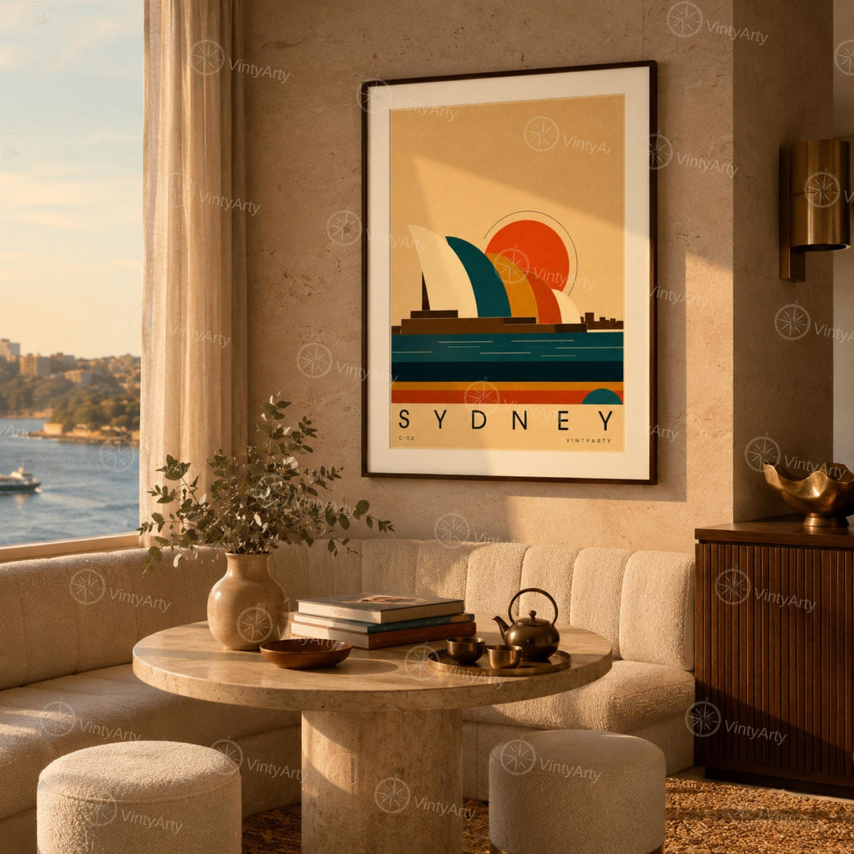 Affiche Sydney, les voiles du port au soleil couchant, illustration mid-century, art mural voyage