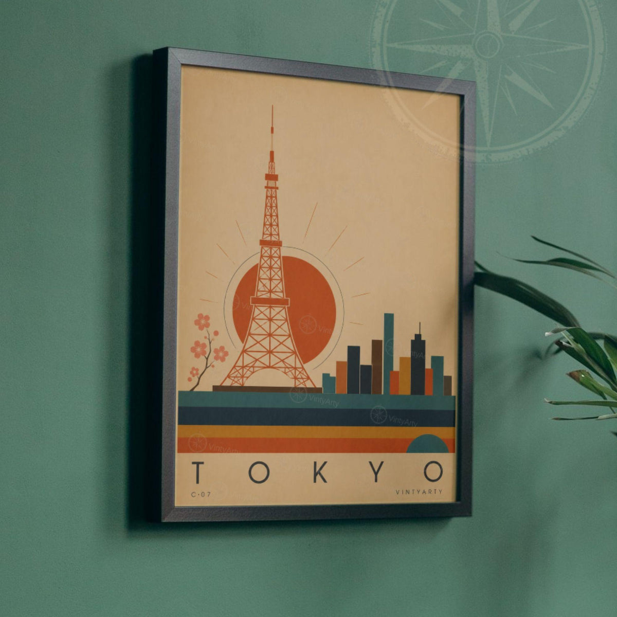Affiche Tokyo, la tour rouge et le soleil levant, illustration mid-century, décoration murale voyage