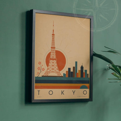 Affiche Tokyo, la tour rouge et le soleil levant, illustration mid-century, décoration murale voyage