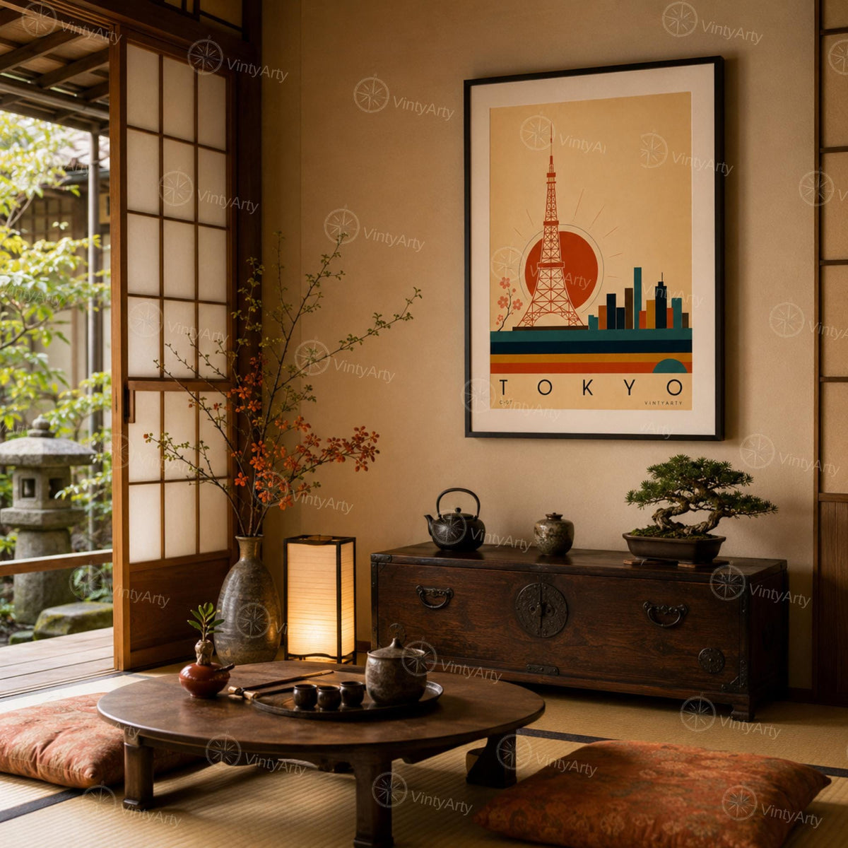 Affiche Tokyo, la tour rouge et le soleil levant, illustration mid-century, décoration murale voyage