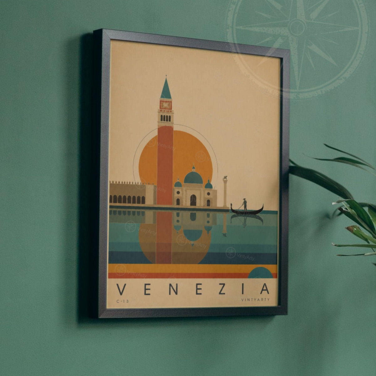 Affiche Venise, le campanile et la gondole au soleil couchant, illustration mid-century, art mural