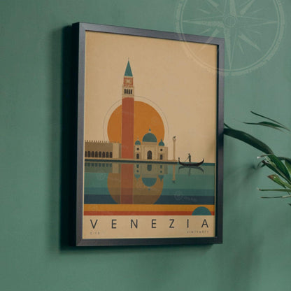 Affiche Venise, le campanile et la gondole au soleil couchant, illustration mid-century, art mural