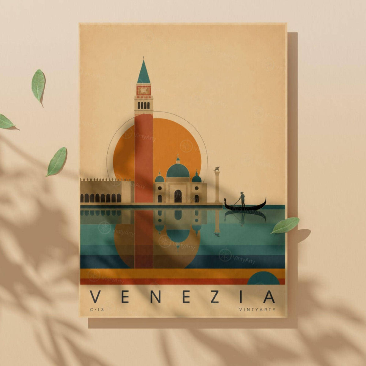 Affiche Venise, le campanile et la gondole au soleil couchant, illustration mid-century, art mural