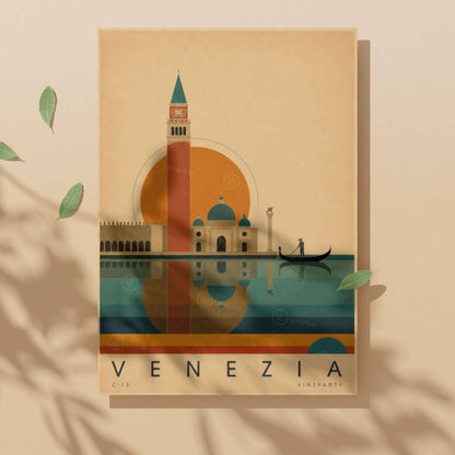 Affiche Venise, le campanile et la gondole au soleil couchant, illustration mid-century, art mural