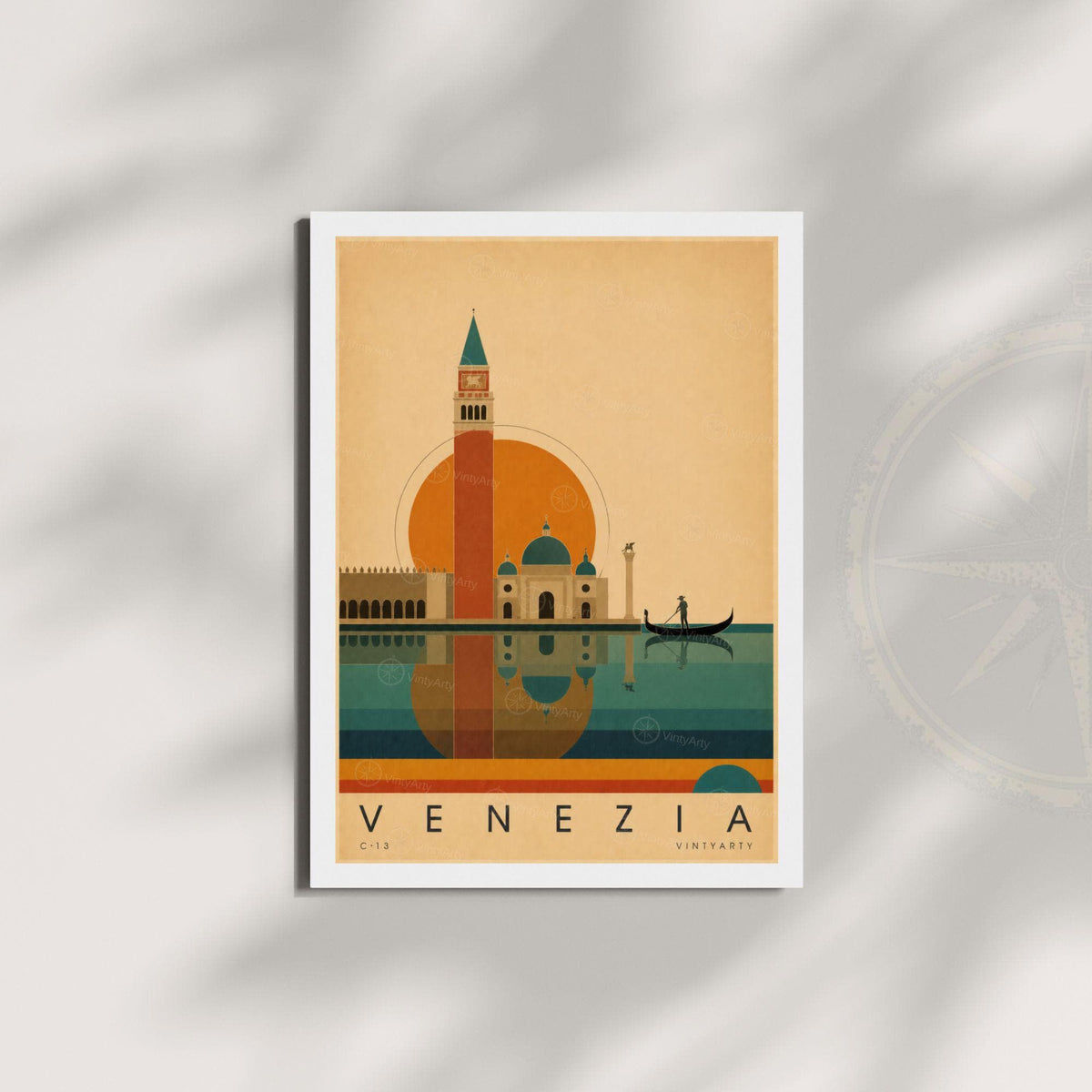 Affiche Venise, le campanile et la gondole au soleil couchant, illustration mid-century, art mural