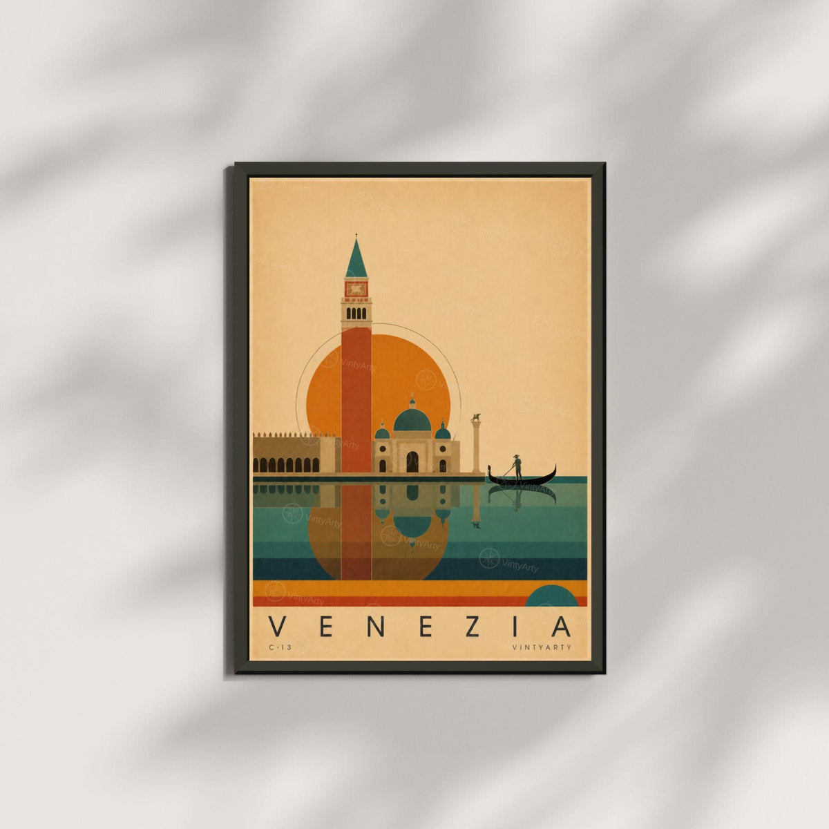 Affiche Venise, le campanile et la gondole au soleil couchant, illustration mid-century, art mural