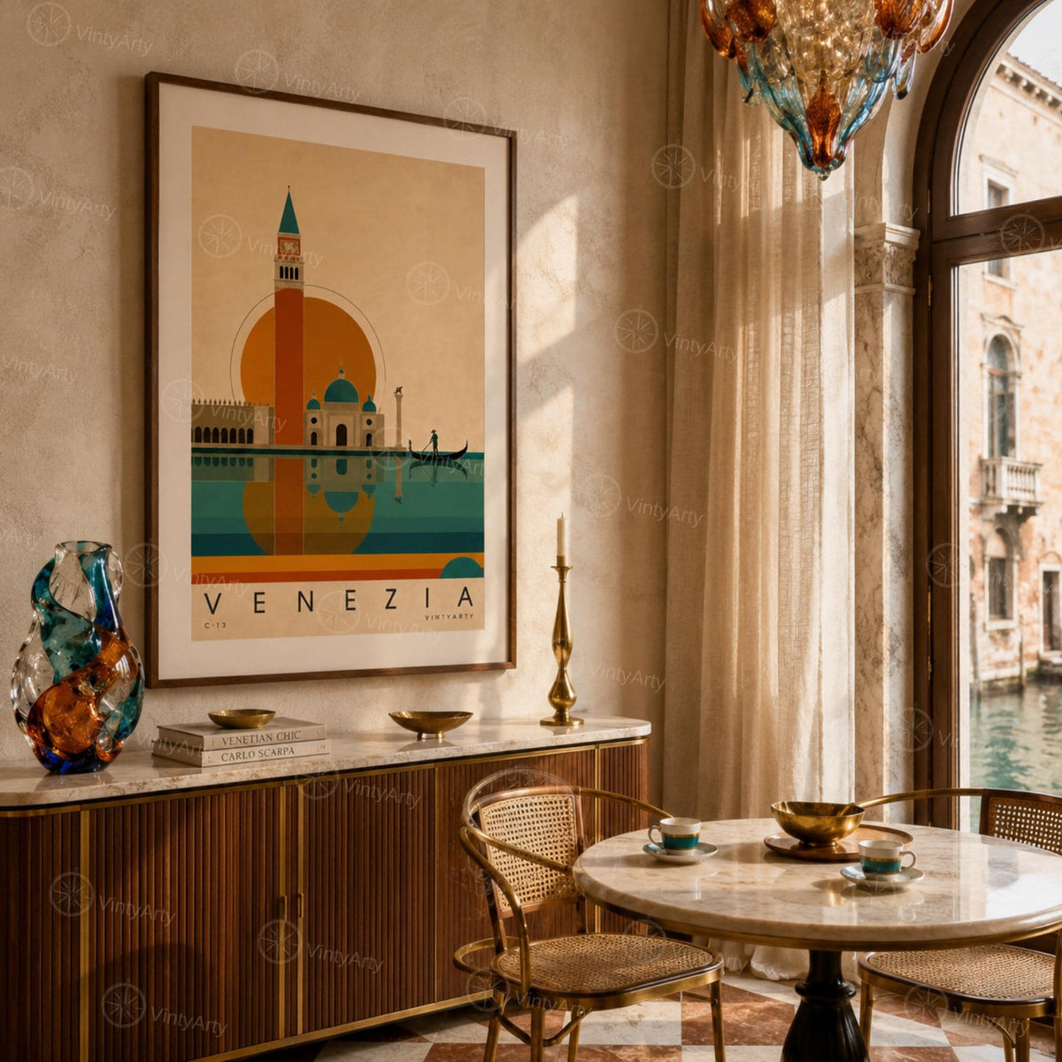 Affiche Venise, le campanile et la gondole au soleil couchant, illustration mid-century, art mural