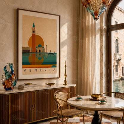 Affiche Venise, le campanile et la gondole au soleil couchant, illustration mid-century, art mural