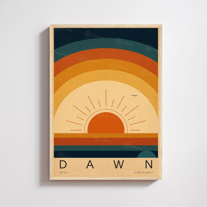 Affiche soleil levant, arcs concentriques rétro, illustration mid-century, décoration murale