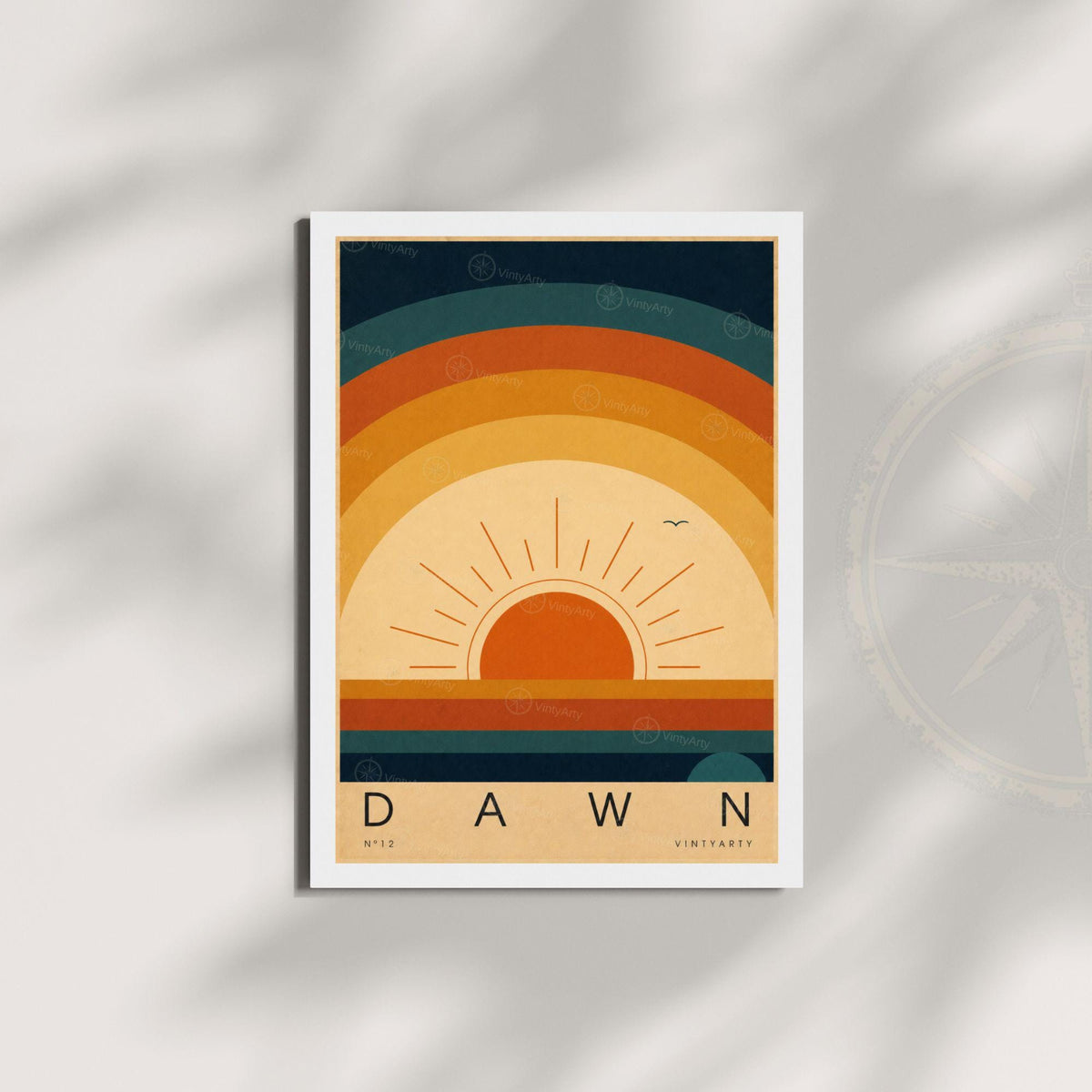 Affiche soleil levant, arcs concentriques rétro, illustration mid-century, décoration murale