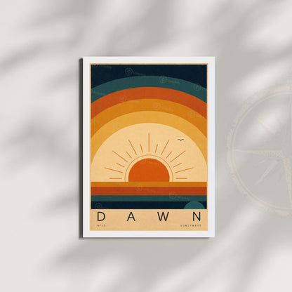 Affiche soleil levant, arcs concentriques rétro, illustration mid-century, décoration murale