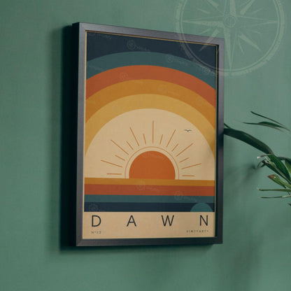 Affiche soleil levant, arcs concentriques rétro, illustration mid-century, décoration murale