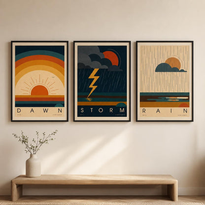 Affiche soleil levant, arcs concentriques rétro, illustration mid-century, décoration murale