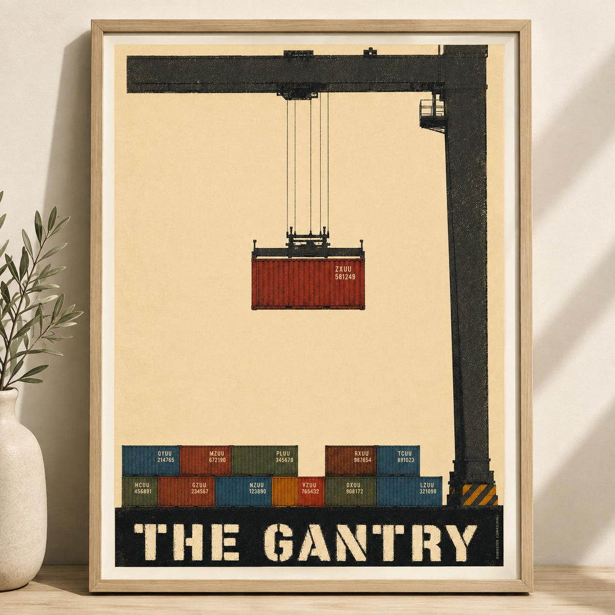 Affiche portique de port, conteneur suspendu au-dessus du quai, illustration industrielle vintage