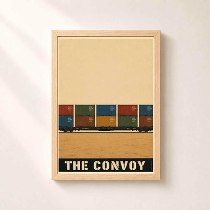 Affiche train de conteneurs, convoi de fret dans la plaine, illustration industrielle vintage