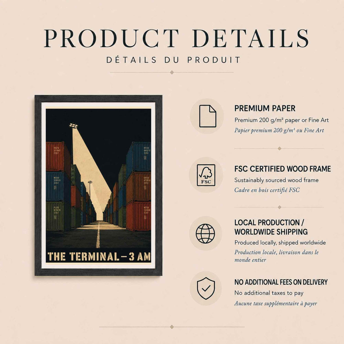 Affiche terminal à conteneurs la nuit, allée sous le projecteur, illustration industrielle vintage