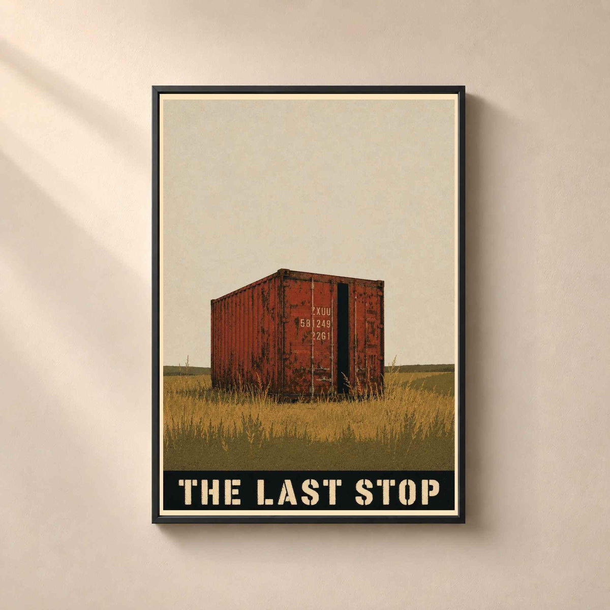 Affiche industrielle vintage The Last Stop, conteneur maritime rouge, décoration murale rétro