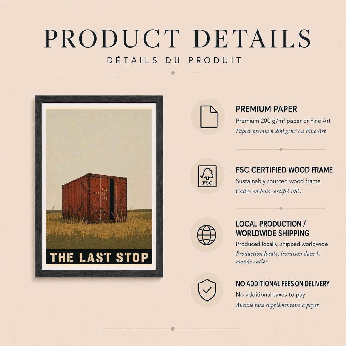 Affiche industrielle vintage The Last Stop, conteneur maritime rouge, décoration murale rétro