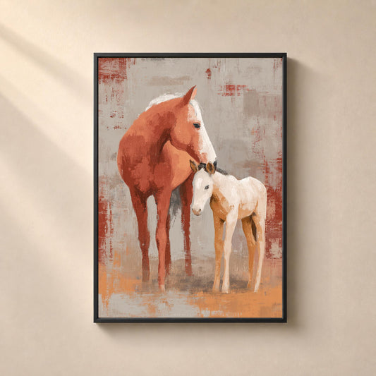 Jument et son poulain, affiche cheval terracotta, art mural chambre bébé, peinture équestre boho