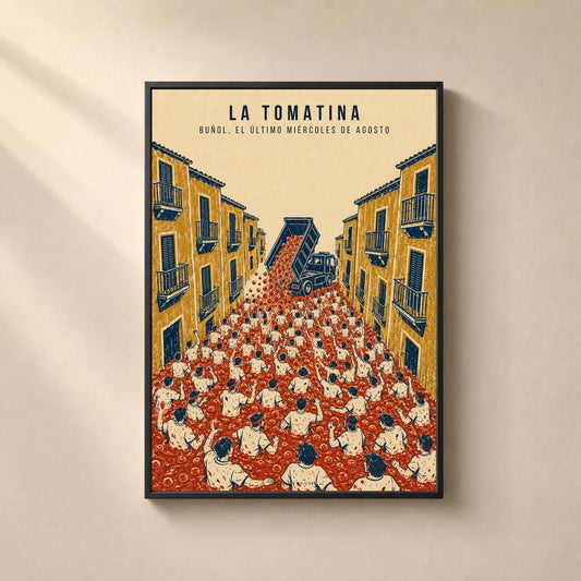 La Tomatina de Buñol, affiche Espagne rouge et ocre, gravure de la bataille de tomates, déco cuisine