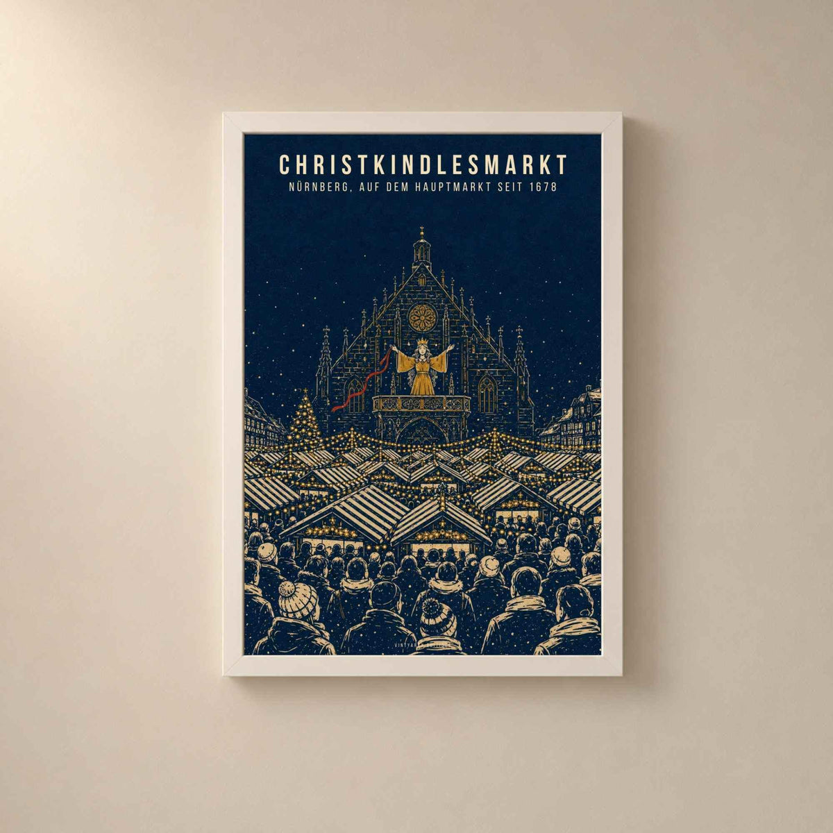 Le marché de Noël de Nuremberg, affiche du Christkind, gravure bleu nuit et or, décoration de Noël
