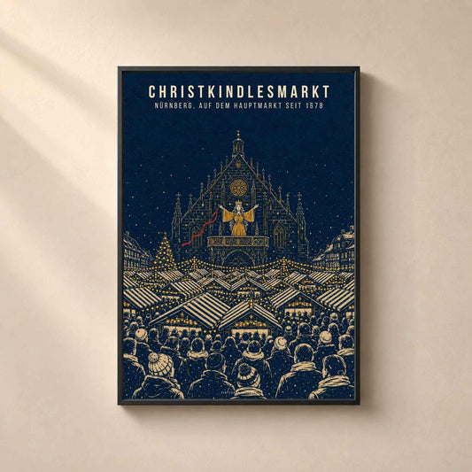 Le marché de Noël de Nuremberg, affiche du Christkind, gravure bleu nuit et or, décoration de Noël