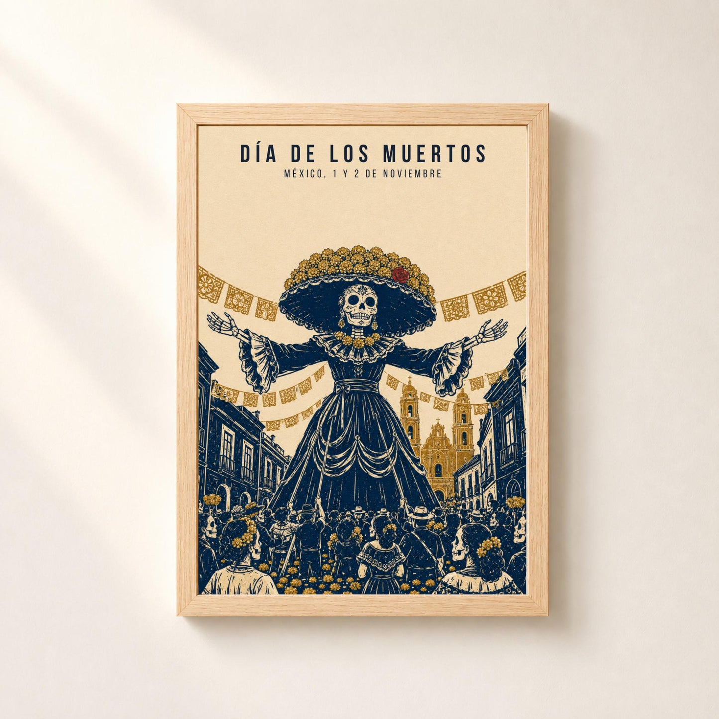 Día de Muertos, affiche de la Catrina, gravure mexicaine bleu et ocre, déco murale fête des morts