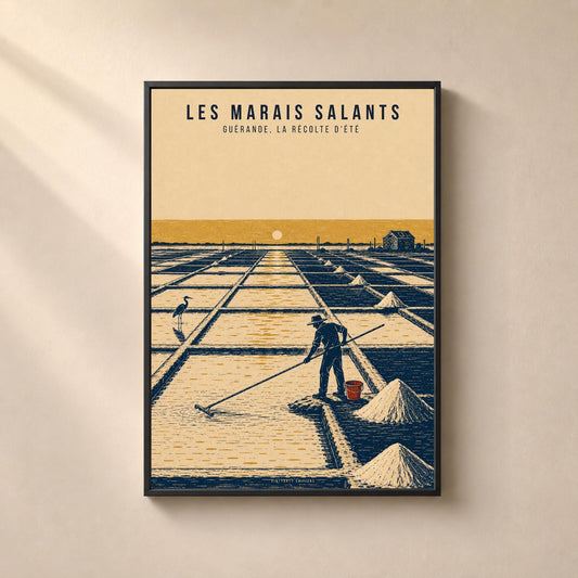 Les marais salants de Guérande, affiche du paludier à la récolte, linogravure bleu et sable