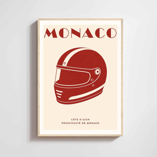Monaco, affiche du casque de course, graphique rouge et crème, déco murale sport automobile