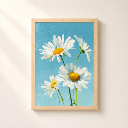 Affiche marguerites blanches sur fond bleu, peinture à l'huile, décoration murale printanière
