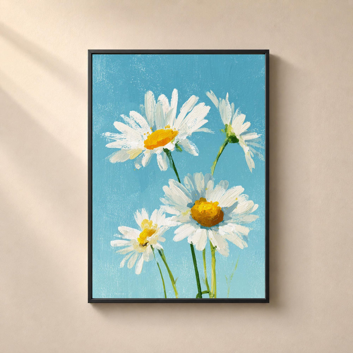 Affiche marguerites blanches sur fond bleu, peinture à l'huile, décoration murale printanière