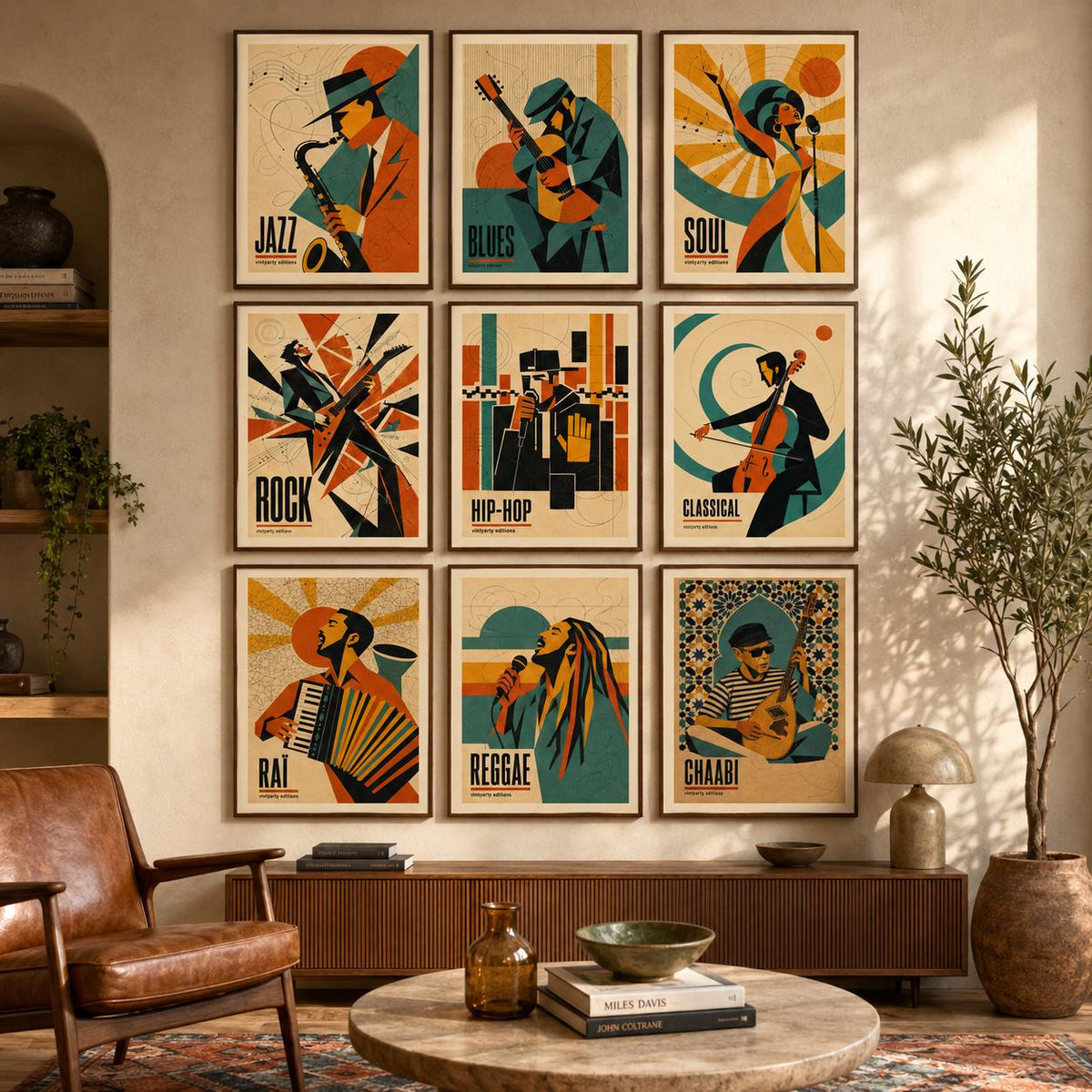 Affiche jazz rétro, saxophoniste et saxophone, poster musique jazz, décoration murale mid century