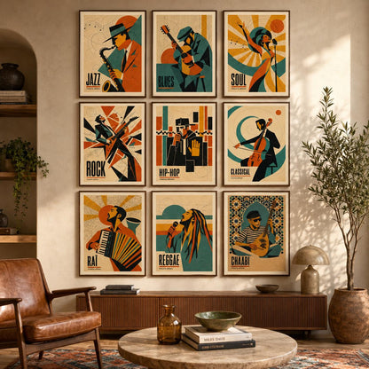 Affiche jazz rétro, saxophoniste et saxophone, poster musique jazz, décoration murale mid century