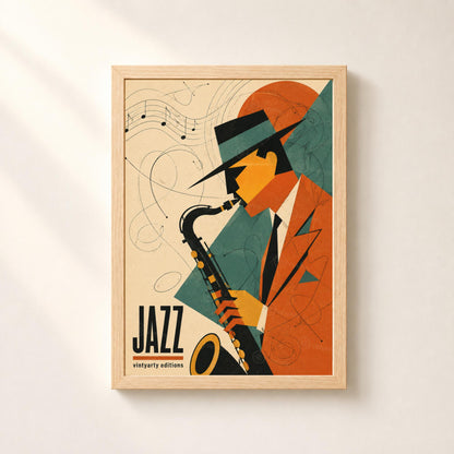 Affiche jazz rétro, saxophoniste et saxophone, poster musique jazz, décoration murale mid century