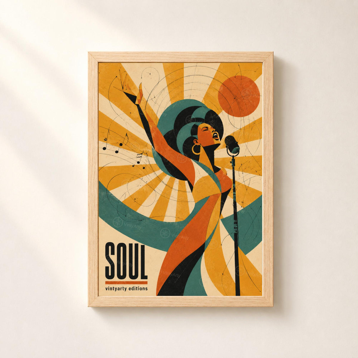 Affiche soul rétro, chanteuse au micro, poster musique soul, décoration murale musique