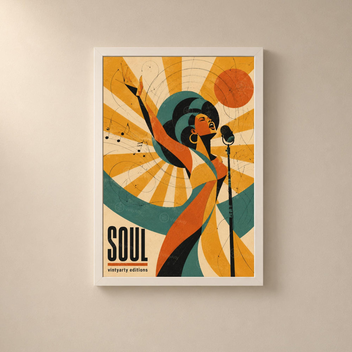 Affiche soul rétro, chanteuse au micro, poster musique soul, décoration murale musique