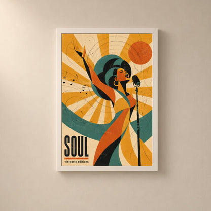 Affiche soul rétro, chanteuse au micro, poster musique soul, décoration murale musique