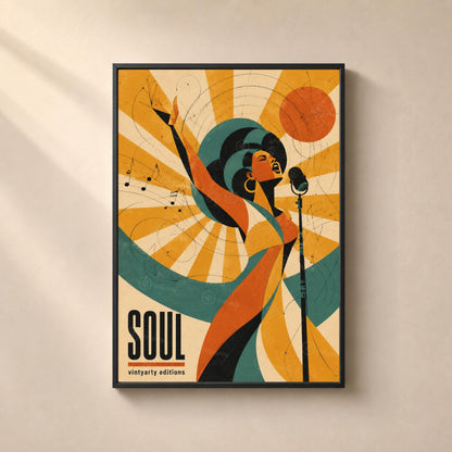 Affiche soul rétro, chanteuse au micro, poster musique soul, décoration murale musique