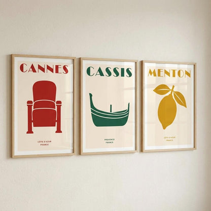 Cannes, affiche fauteuil de cinéma rouge, art déco Côte d'Azur, déco murale home cinéma