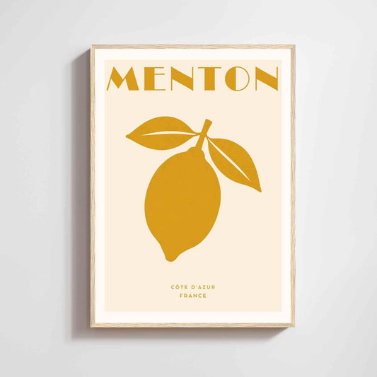 ffiche graphique de Menton : citron jaune et deux feuilles en aplat sur fond crème, titre MENTON en capitales art déco