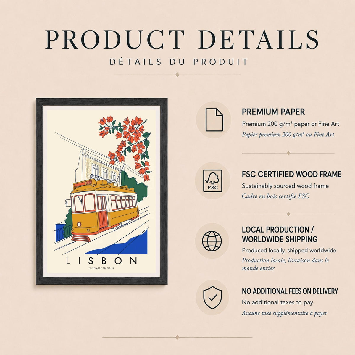 Affiche Lisbonne, tramway 28 et bougainvilliers, illustration au trait, décoration murale voyage