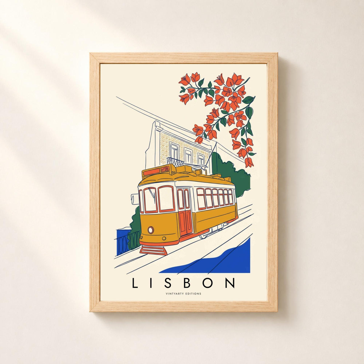 Affiche Lisbonne, tramway 28 et bougainvilliers, illustration au trait, décoration murale voyage