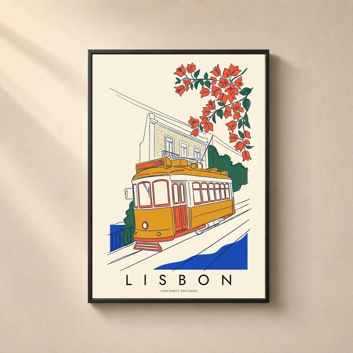 Affiche Lisbonne, tramway 28 et bougainvilliers, illustration au trait, décoration murale voyage