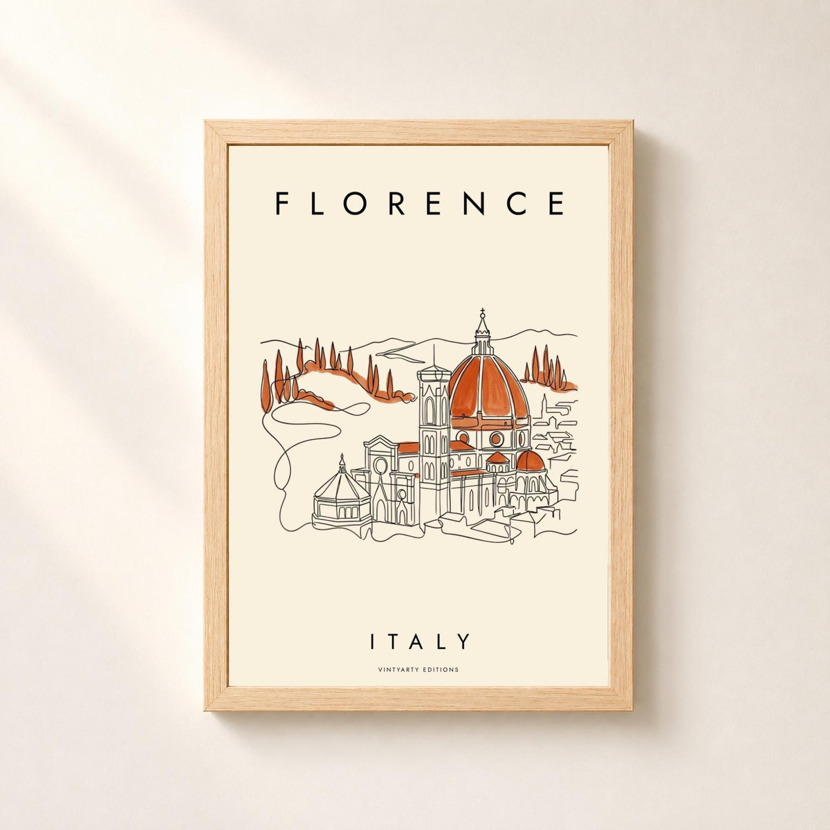 Affiche Florence, le Duomo au trait continu et collines toscanes, décoration murale voyage Italie